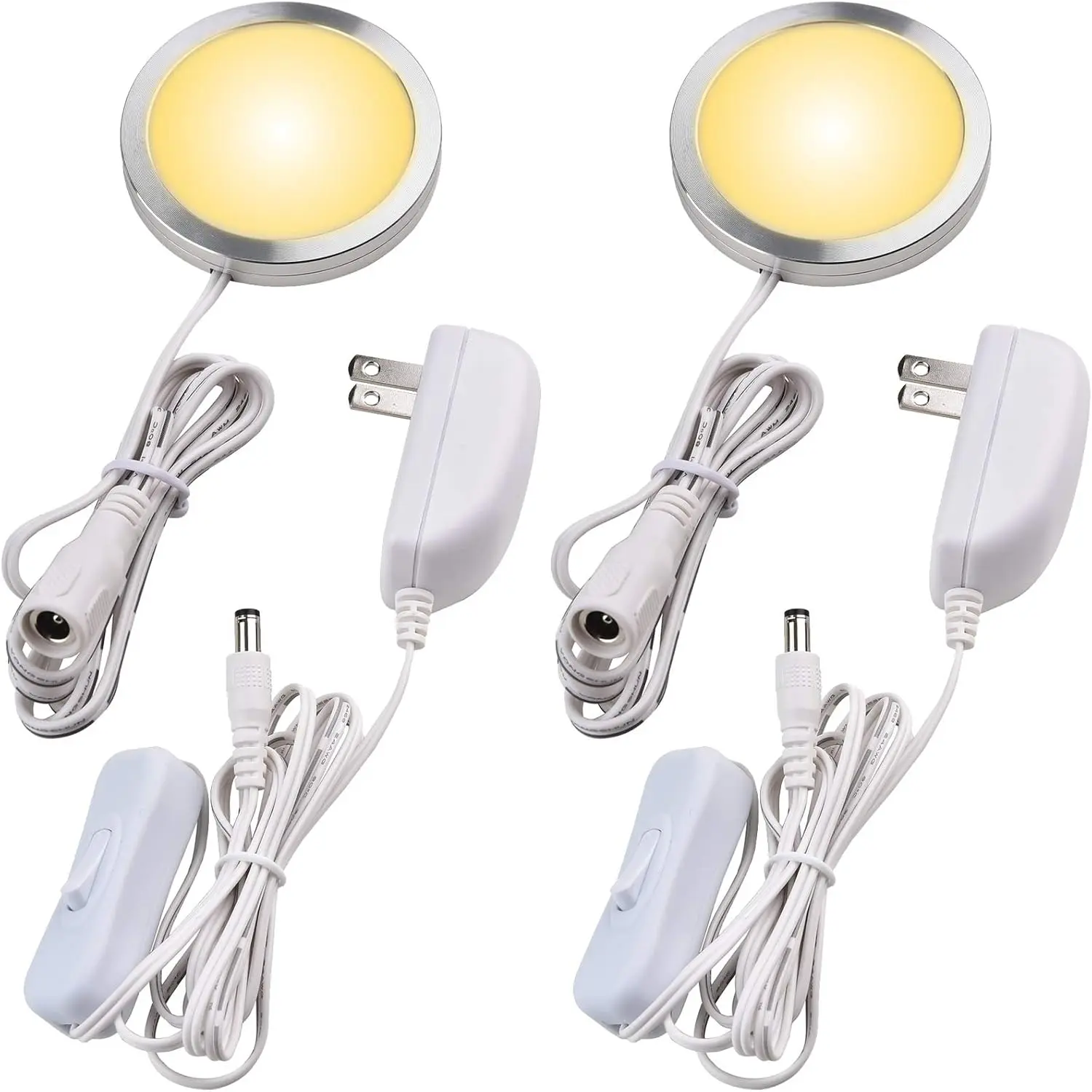 Single LED Kitchen Under Cabinet Puck Light, 120V Direct Wall Plug in Closet Cupboard Night Light, Easy to Mount, Inline On Off Switch, White Wires, 2 Packs, Warm White