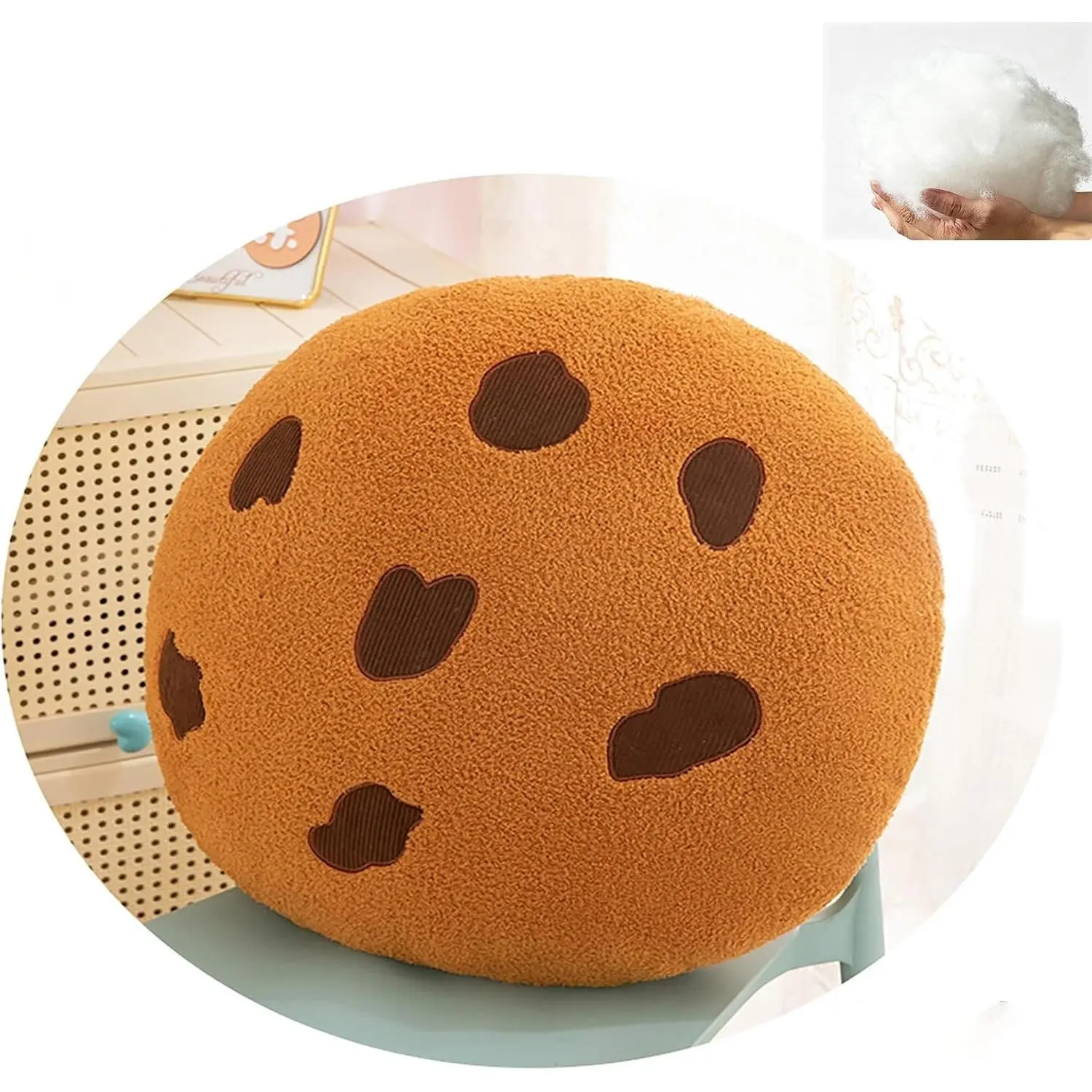 Chocolate Chip Cookie Pillow, Soft Plush Round Throw Pillow, Cute Food Shaped Stuffed Cushion for Bedroom, Living Room, Sofa (17.7)