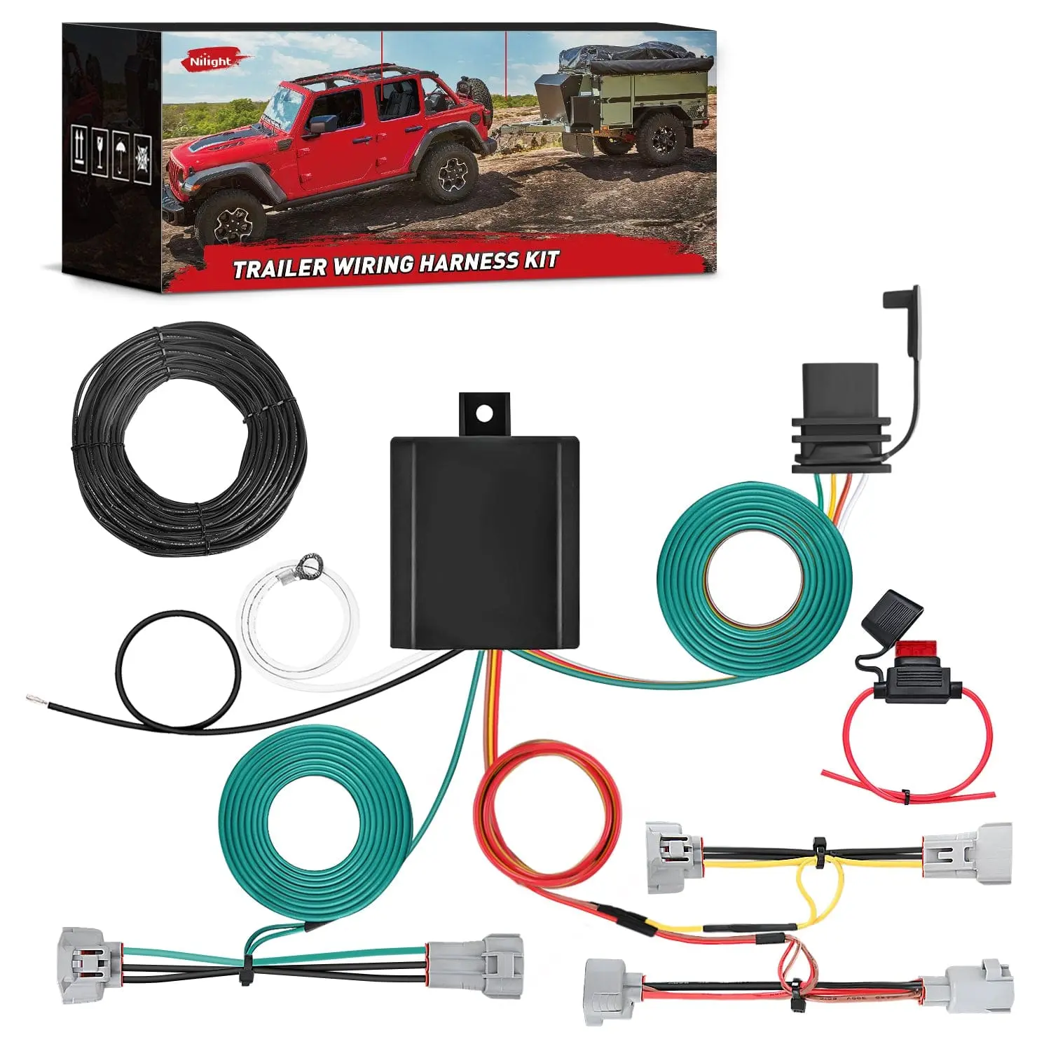 Nilight 4-Pin Trailer Wiring Harness Kit 56349 - Custom-Fit Plug-N-Play ABS Plastic 4-Way Towing Equipment Connector for Toyota Tacoma 2016-2023