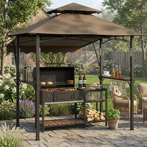 8x5 FT Heavy Duty Steel Grill Gazebo with Extra 7x3 FT Awning, Double-Tier Roof, Built-in Shelves, Hooks and LED Lights, Metal BBQ Tent for Patio Backyard