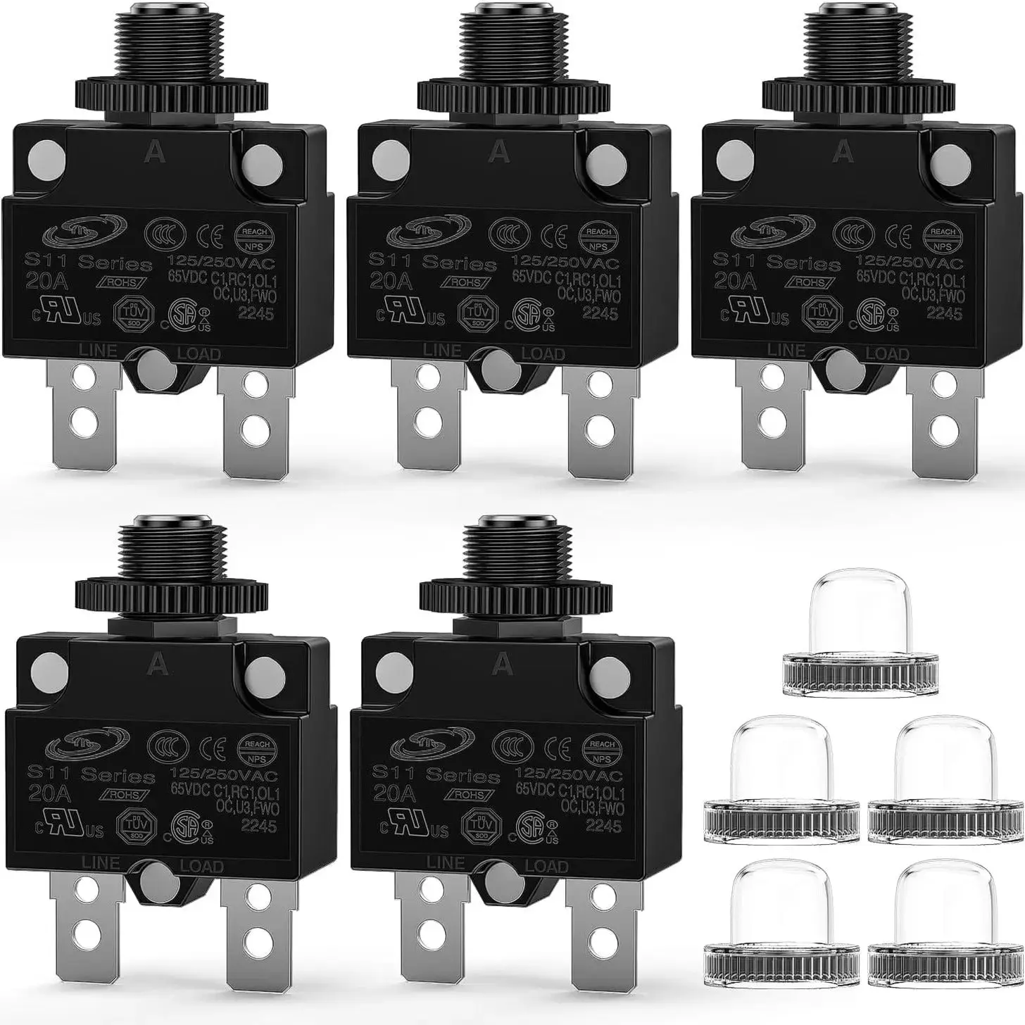 Nilight 5Pcs 20A Manual Reset Circuit Breakers - Burr-Free Bakelite Housing, Overload Cut-Off Terminals for Household Appliances, Power Strips, Medical & Transportation Use, Audio-Visual Equipment
