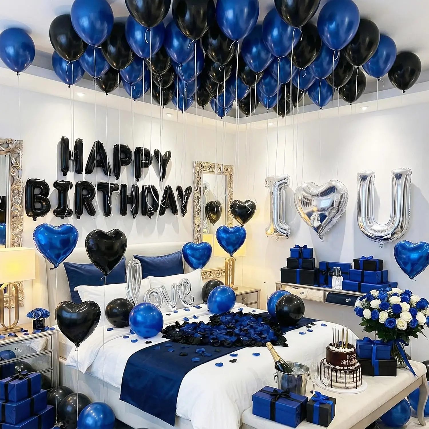 Blue Black Silver Balloons with I LOVE YOU & HAPPY BIRTHDAY Foil Balloons & Rose Petals for Romantic Special Night, Anniversary, Valentine Day, Birthday Party Decorations for Him, Bedroom, Hotel Room, Metallic Balloons