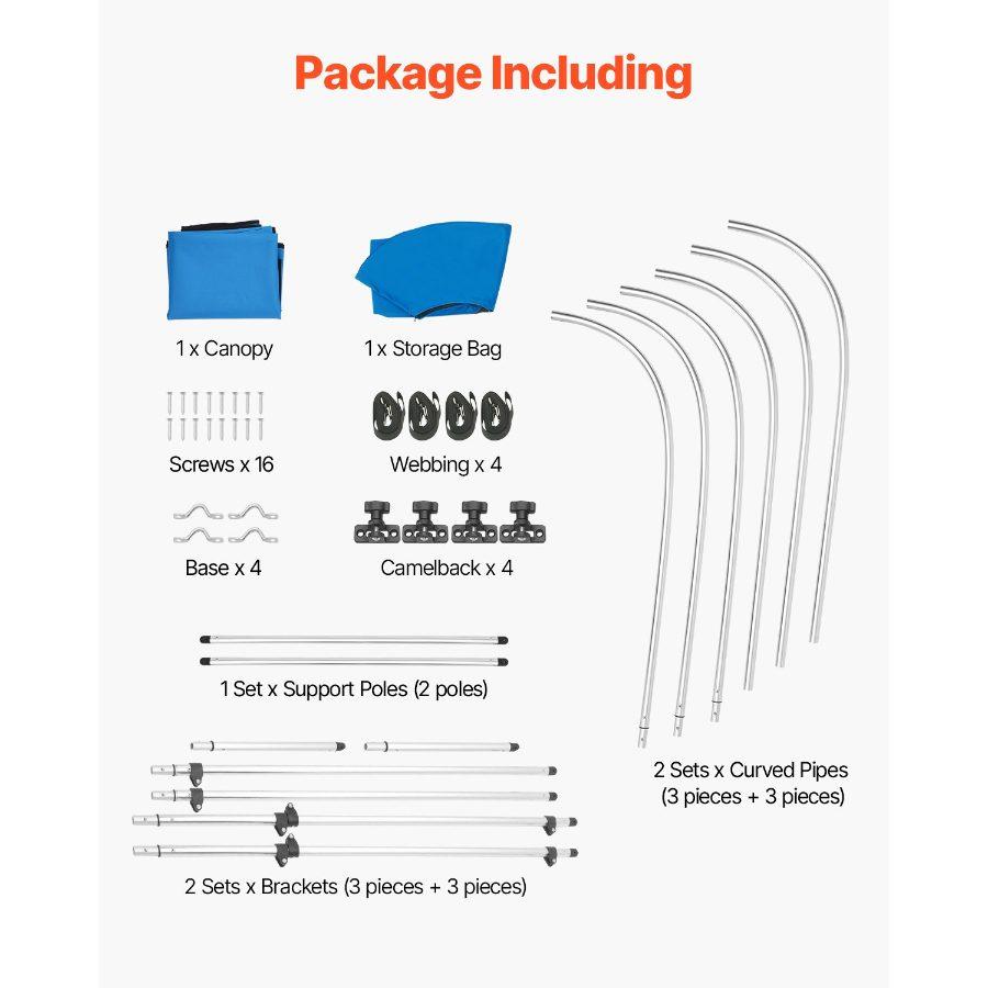 VEVOR 3 Bow Boat Bimini Tops, 600D Polyester Canopy with Aluminum Alloy Frame, Waterproof Sun Shade Boat Awning Canopy with Storage Bag, 2 Support Poles, 4 Straps, 6'Lx(54-60)Wx46H, Pacific Blue