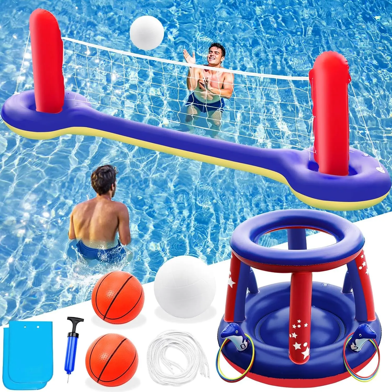 3 in 1 Pool Games Set - Volleyball Net, Basketball Hoop & Ring Toss Inflatable Floating Water Toys for Kids Adults, Swimming Pool Party Gift (Red & Blue, L)(Gift)