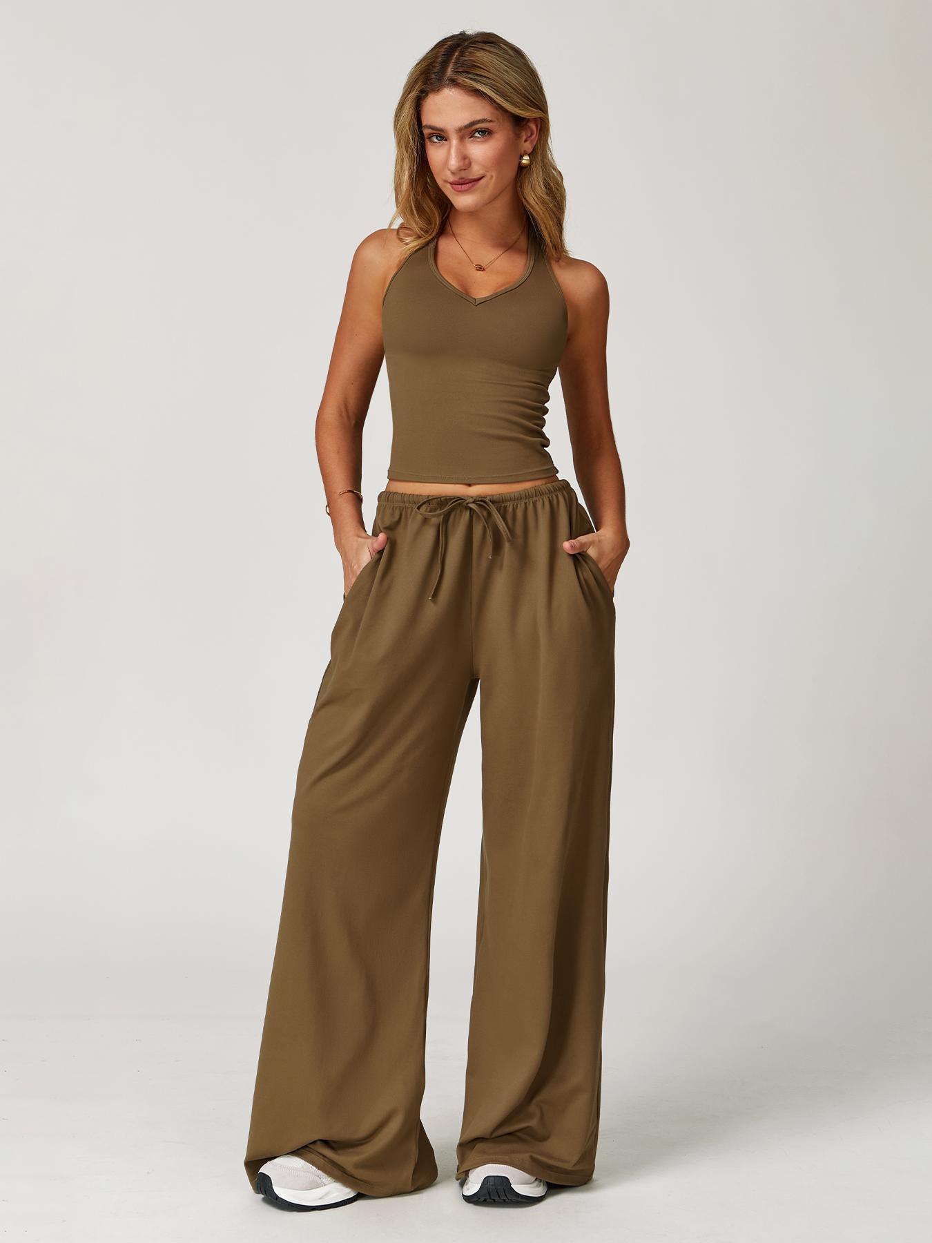 Women's Solid Halter Neck Top & Wide-Leg Pants Sports Set, Casual Sleeveless Top & Pants for Daily Outdoor Wear, Ladies Activewear Set for Tennis and Running, Workout Clothes, Breathable Activewear, Yoga Gym Outfits
