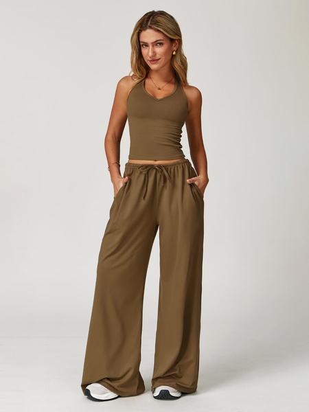 Women's Solid Halter Neck Top & Wide-Leg Pants Sports Set, Casual Sleeveless Top & Pants for Daily Outdoor Wear, Ladies Activewear Set for Tennis and Running, Workout Clothes
