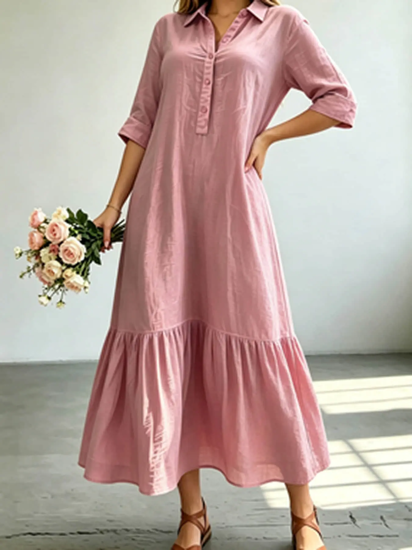 Plus size: a lazy commuting style plain color Summer plus size shirt dress with a half open collar and seven quarter sleeves that can be rolled up. Lotus leaf hem long skirt for daily travel and casual wear