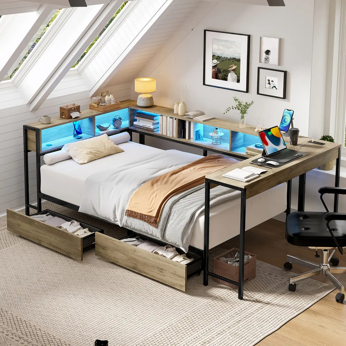 Grey Twin Size Corner Bed Frame with Built‑in Bookcase, 2 Underbed Storage Drawers, Multi‑Mode LED Light Strip & Charging Station, Metal‑MDF Platform Bed, No Box Spring Needed for Bedroom