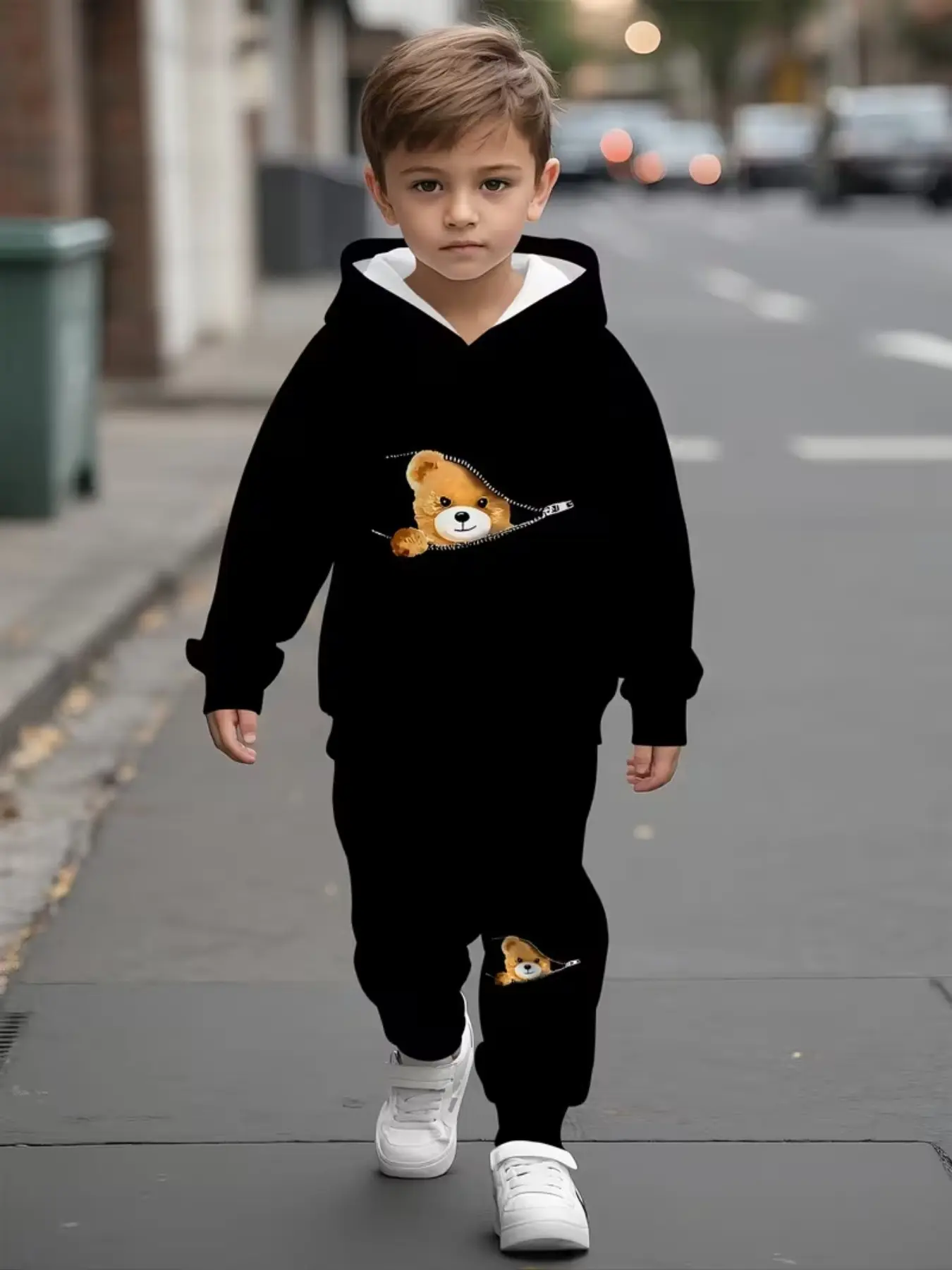 Boys' Hooded Sweatshirt Set, Cute Cartoon Bear Print, Casual Comfortable, Fall & Winter Fashion, Fitted Style