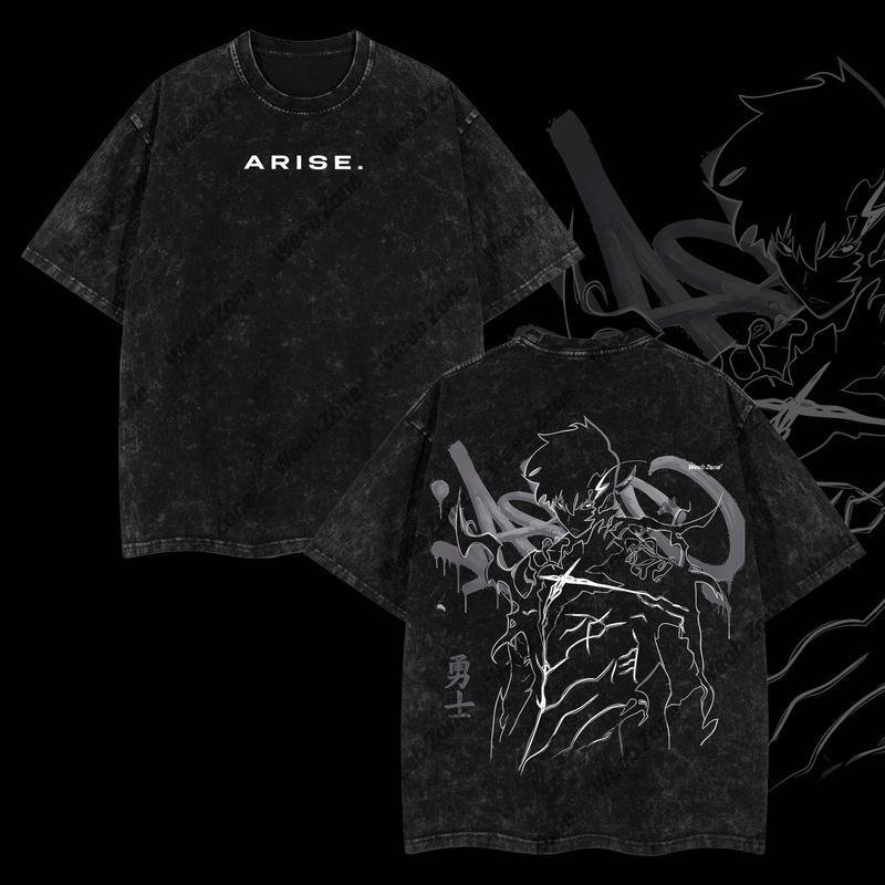 Arise Sung Jin Woo Solo Leveling Anime T-Shirt, Double Sided Print Oversized Tee, Lightweight Acid Washed Top, Retro Streetwear Graphic Shirt, Casual Fashion Outfit, Perfect Gift for Anime Fans