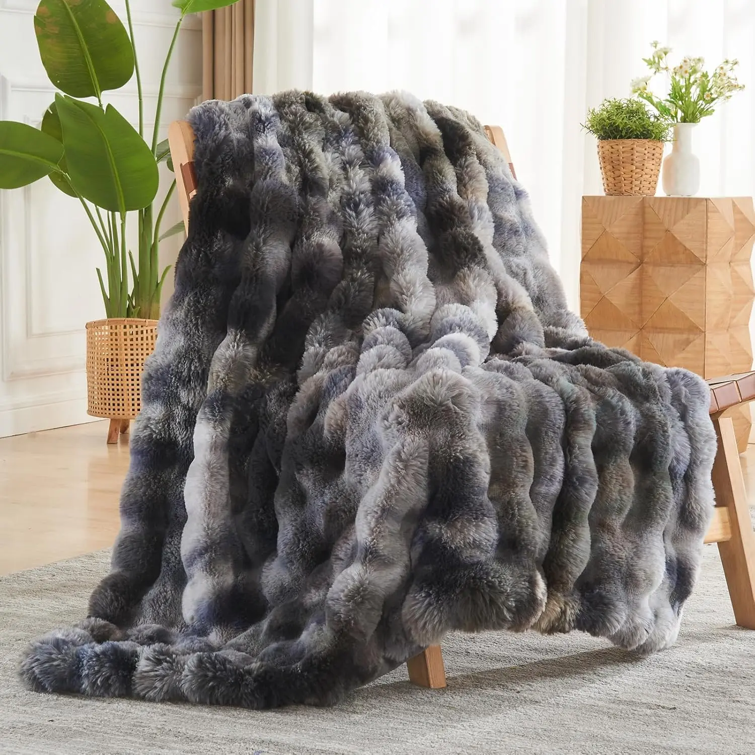 Faux Fur Throw Blanket Tie-dye Grey Luxury Thick Warm Bubble Blanket for Couch Sofa Bed 700GSM (Tie-dye Grey, Throw(50"x60"))