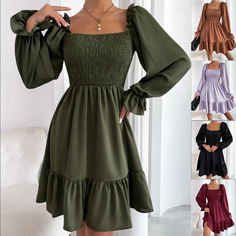 2026 Simple Square Collar Parallel Crepe Dress Body Frill Hem Skirt Dress