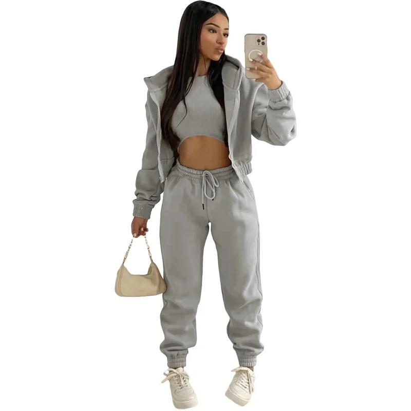 Women's Clothing Set Fleece-lined Hooded Sweater &Sleeveless Tank Top & Sports Sweatpants Pants Can be used with raincoat
