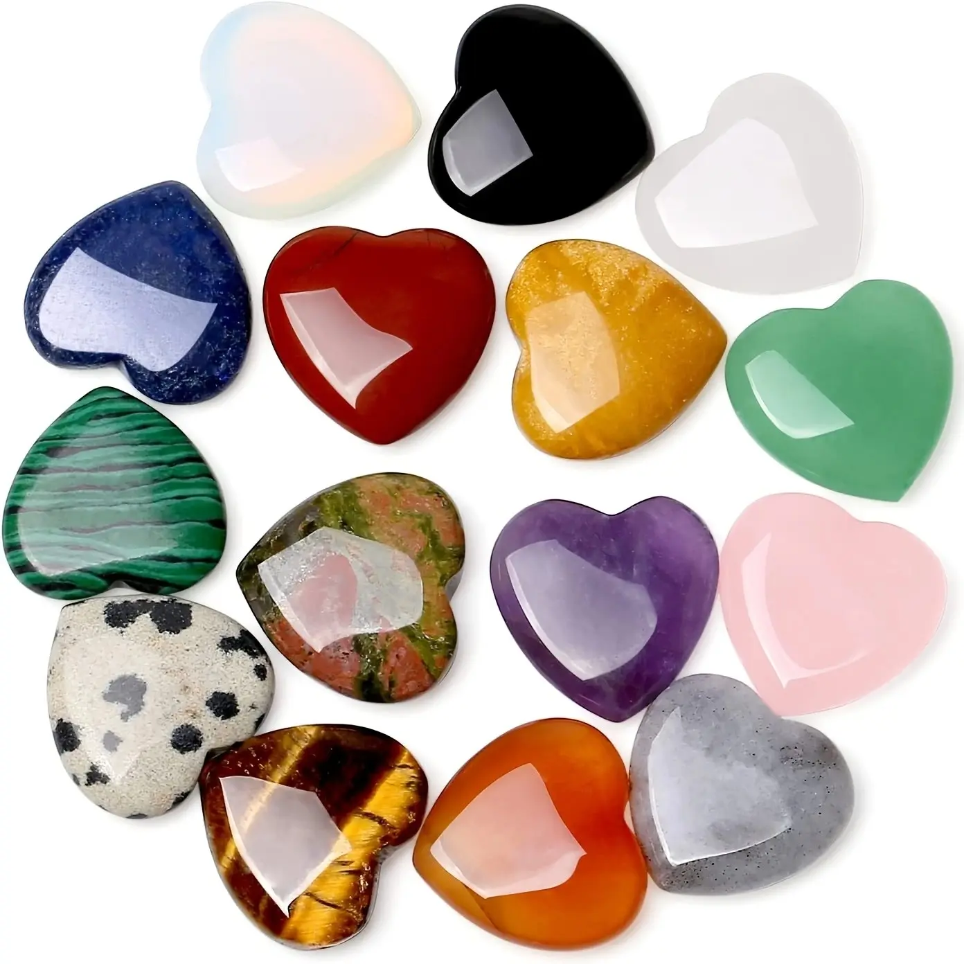 15pcs Heart-Shaped Crystal Set, Polished Natural Gems in Various Colors, Includes Rose Quartz and Amethyst, 2.03cm Pocket Stones