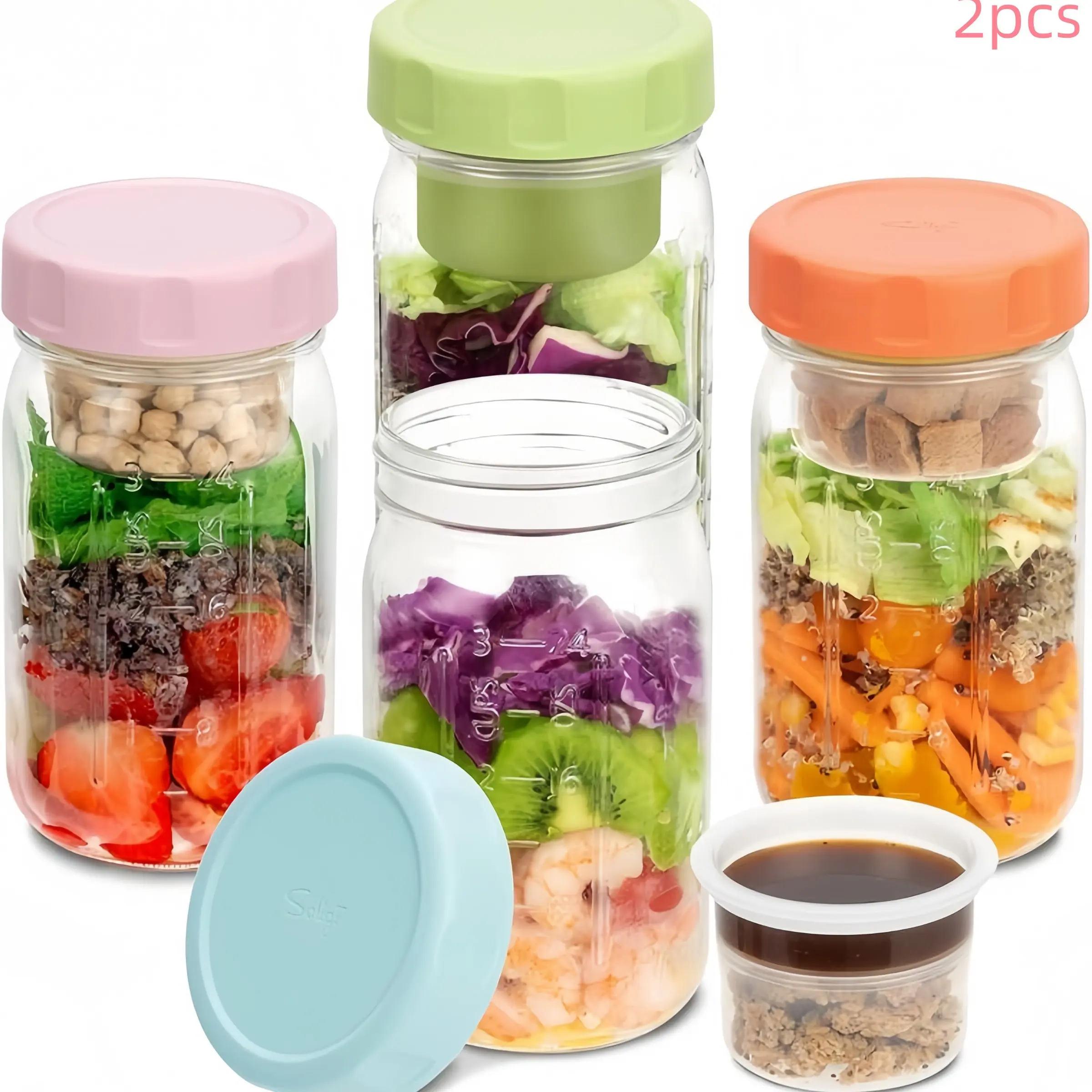 Glass Salad Jars with Lids 2Pack 32oz Leakproof Mason Jars with Built in Dual Small Compartment Boxes Wet Dry Separation for Salad Dressing Fruits Nuts Granola Dry Ingredients Portable Food Storage Containers for Daily Lunch Meal Prep Picnic