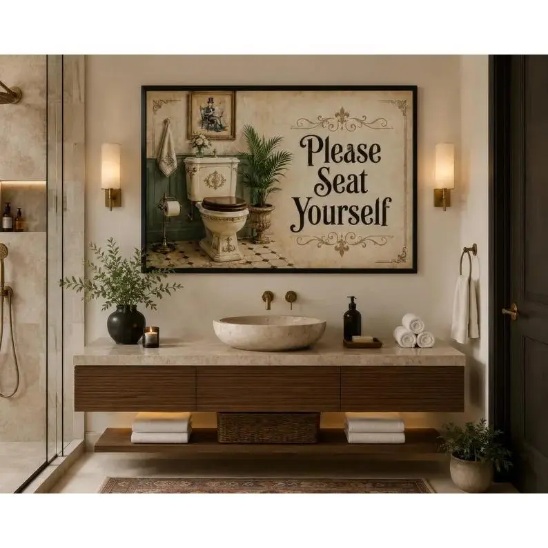 Bathroom Wall Art, Please Seat Yourself Funny Canvas Print, Vintage Toilet Humor Painting, Rustic Farmhouse Bathroom Decor, Humorous Artwork
