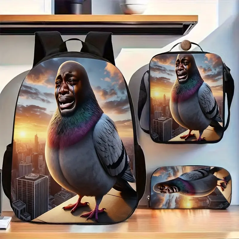 Kids 3-Piece Durable Water-Resistant 600D Oxford Backpack Set, Viral Meme Art (Crying Human Face Pigeon City Sunset) with PEVA Insulated Lunch Box, Pencil Case, 15-in Laptop Space, Breathable Padded Straps, Ventilation, Zipper, Daily Carry, Hand Wash Only