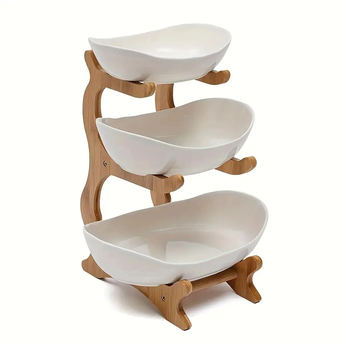 3-Tier Oval Fruit Bowl Basket with Bamboo Stand, Durable Polypropylene Kitchen Storage Rack Organiser with Natural Bamboo Finish, Modern Fruit Basket for Kitchen and Party Serving Tray, Display Riser, Dessert Display Stand