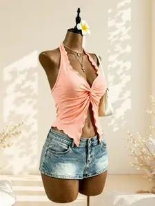 Light Mature Lady Wave Edge Halter Top, Deep V Split Waist, Elegant Commuter Slim Fit, Sexy Chic Single Piece Dress