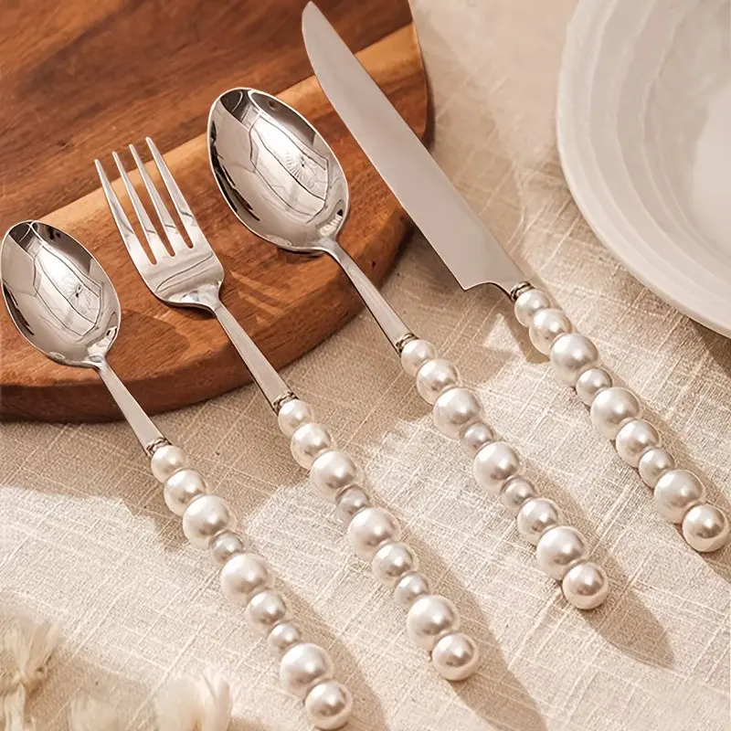 4 Unique Pearl-Shaped Stainless Steel Cutlery Set with Ceramic Handles, Steak Knives, Dessert Spoons, Forks, Creative Kitchen Tools, Tableware Sets