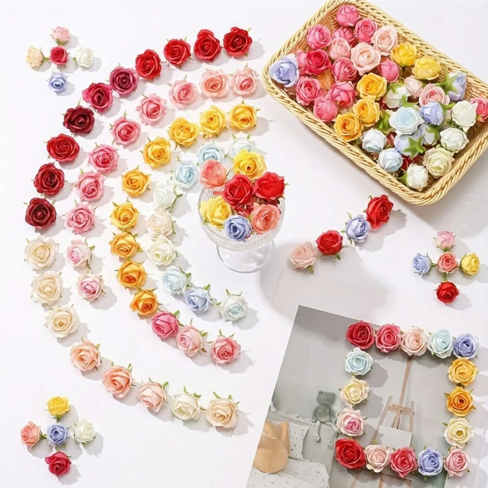 20pcs Artificial Mini Rose Heads, Multicolor Fake Flowers for DIY Crafts, Wreaths, Wedding Party Decorations, Bulk Pack