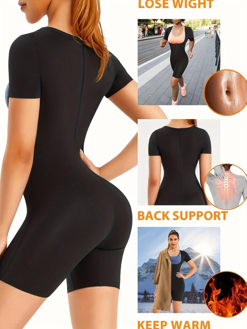 Women's Solid Zip Up Short Sleeve Open Bust Shapewear Bodysuit without Bra, High Stretch Seamless Sweat Sauna One Piece Shaper, Tummy Control Butt Lifter, Ladies Shapewear for Workout Gym Exercise