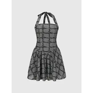URBAN REVIVO Checkered Script Print Stretch Fabric Halter Neck A-Line Mini Dresses