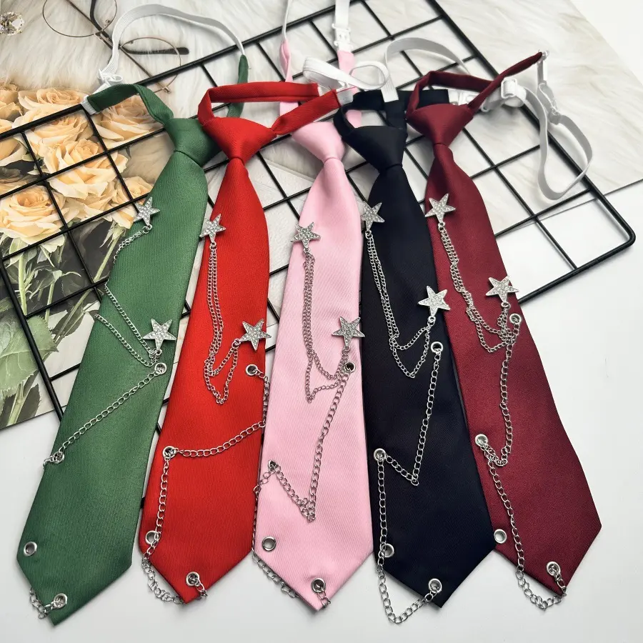 Women's Pre-tied Solid Neck Tie with Detachable Rhinestone Coffee Star Chain & Dark Red Star Chain Pendant - Female Lolita JK Uniform Accessory for Casual School Cosplay, Accessories For Women, Detachable Neckties, Daily