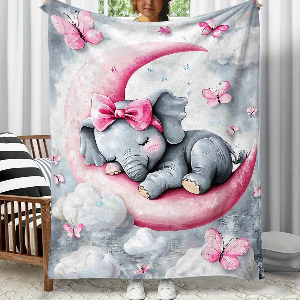 1pc Cute Elephant Moon Print Flannel Throw Blanket Lightweight Soft Warm All-Season for Sofa Bed Travel Camping 3 Sizes 31x47in 50x60in 60x80in Digital Printing Fleece with Adorable Butterflies Design