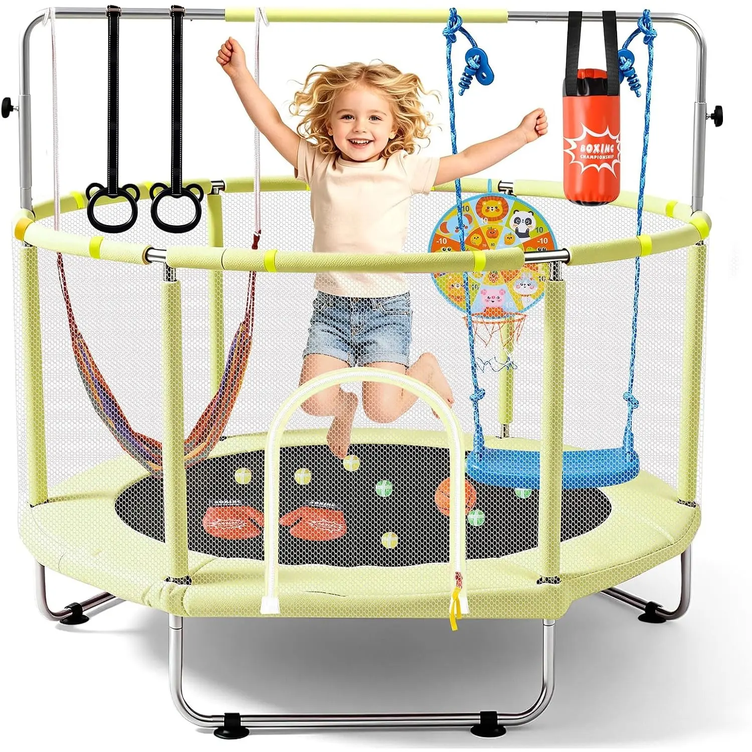 60" Trampoline for Kids with net, 440lbs Capacity Indoor & Outdoor Toddler Trampoline with Adjustable Gymnastics Bar & Toys, Gift for Boys & Girls Ages 3–8