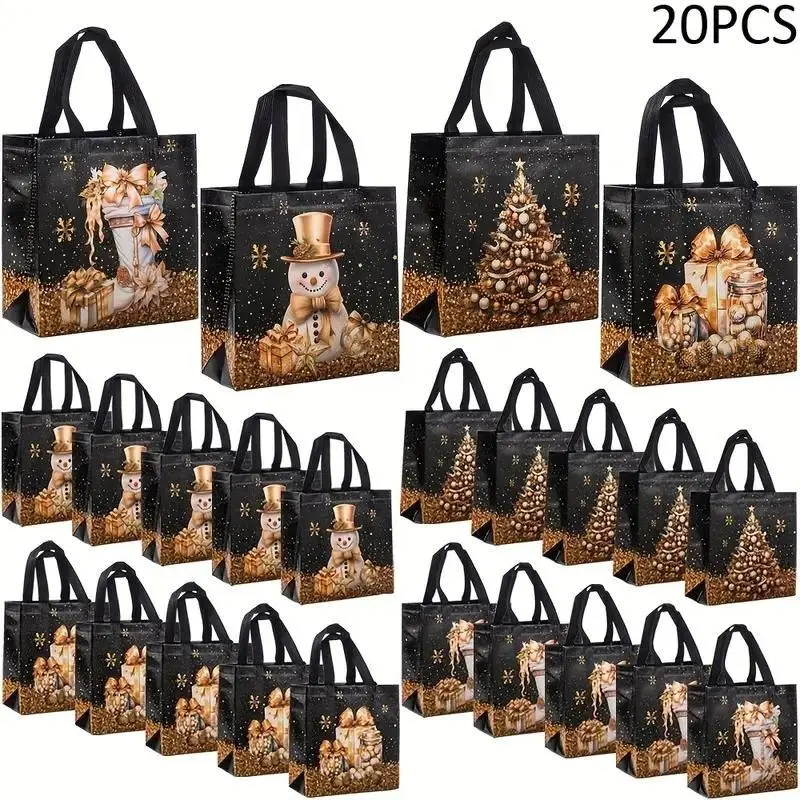 Festive Christmas Gift Bags Set, Goody Bags, Holiday Treat Bags, Party Favors Assortment, Snowman, Tree & Stocking Designs, Non-Woven Fabric