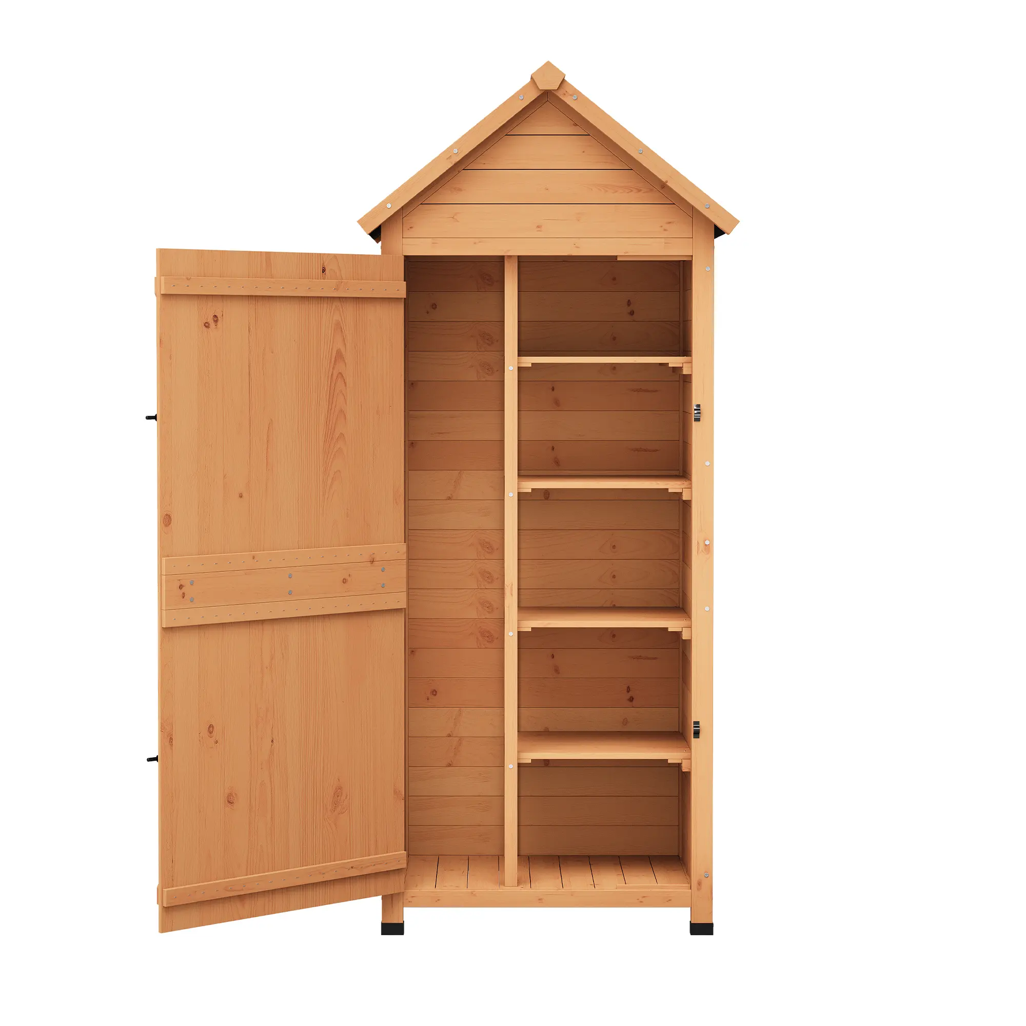 69.7 and 63.2-Inch Wooden Outdoor Storage Shed, Compact Tool Cabinet with Shelves and Lockable Doors, Natural Wood Finish