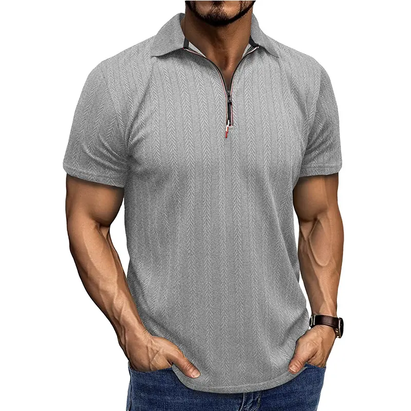 Men's Herringbone Polo Shirt with Half-Zip, a Breathable Textured Short-Sleeve Top for Smart Casual All-Season Layering