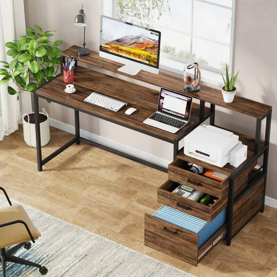 63 Inch Computer Desk With File Drawer Cabinet, Ergonomic Office Desk W/ Monitor Stand, Industrial PC Table With Printer Space, Wood Workstation Desk For Home Office
