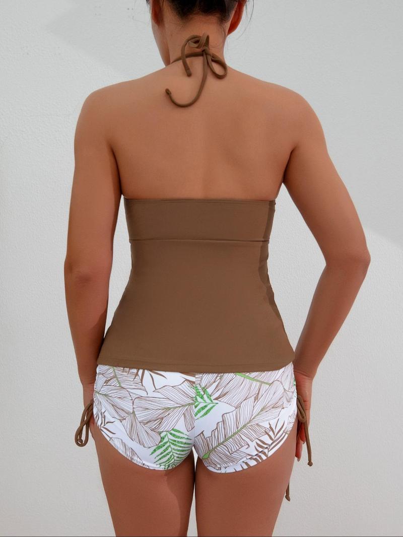 Two-Piece Set Women's Floral Print Tie Back Tankini Set, Casual Halter Top & Drawstring Side Shorts, Summer Swimwear for Beach Holiday Vacation, Floral Pattern Tankini