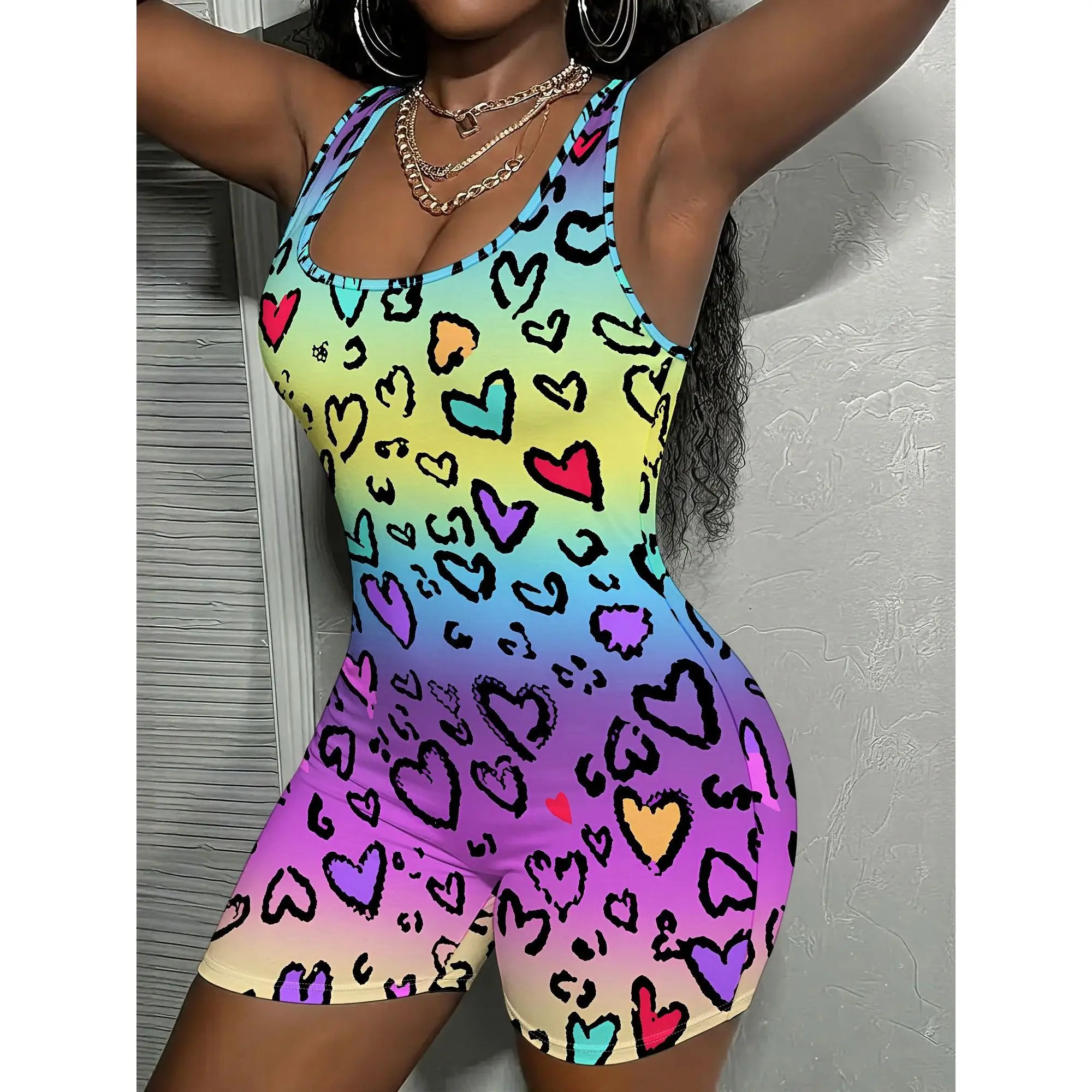 Rainbow Heart Print, Sleeveless Bodysuit, Gradient Pattern, Cute Romper, Summer Beachwear, Party Outfit, S-2XL