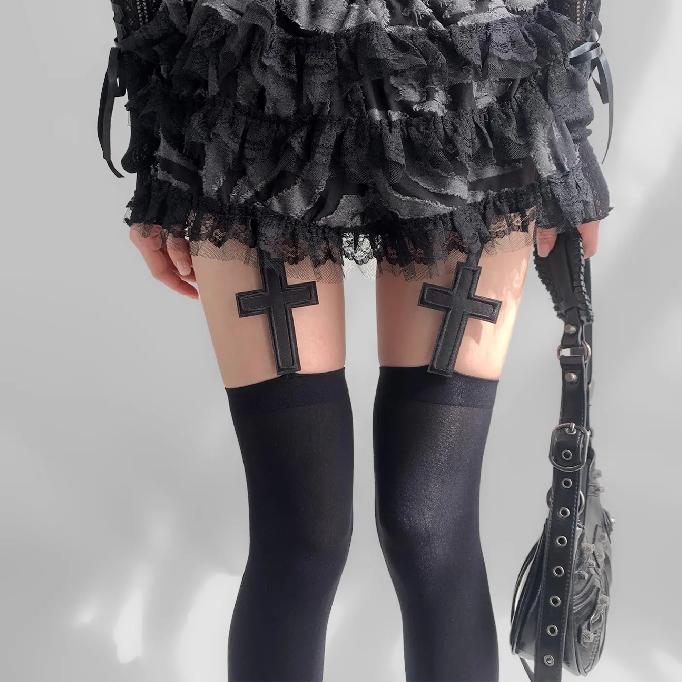 Women's Gothic Cross Velvet Fake Suspender Thigh-High Socks - Over-Knee Stockings with Cross Black Design for Dark Lolita Harajuku Punk Alt Aesthetic Outfits (Sports & Outdoor Camping Hiking Hammock Accessory)