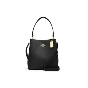 COACH Town 26 Pebbled Leather Bucket Bag for Women with Detachable Strap and Gold Horse-and-Carriage Logo, Black