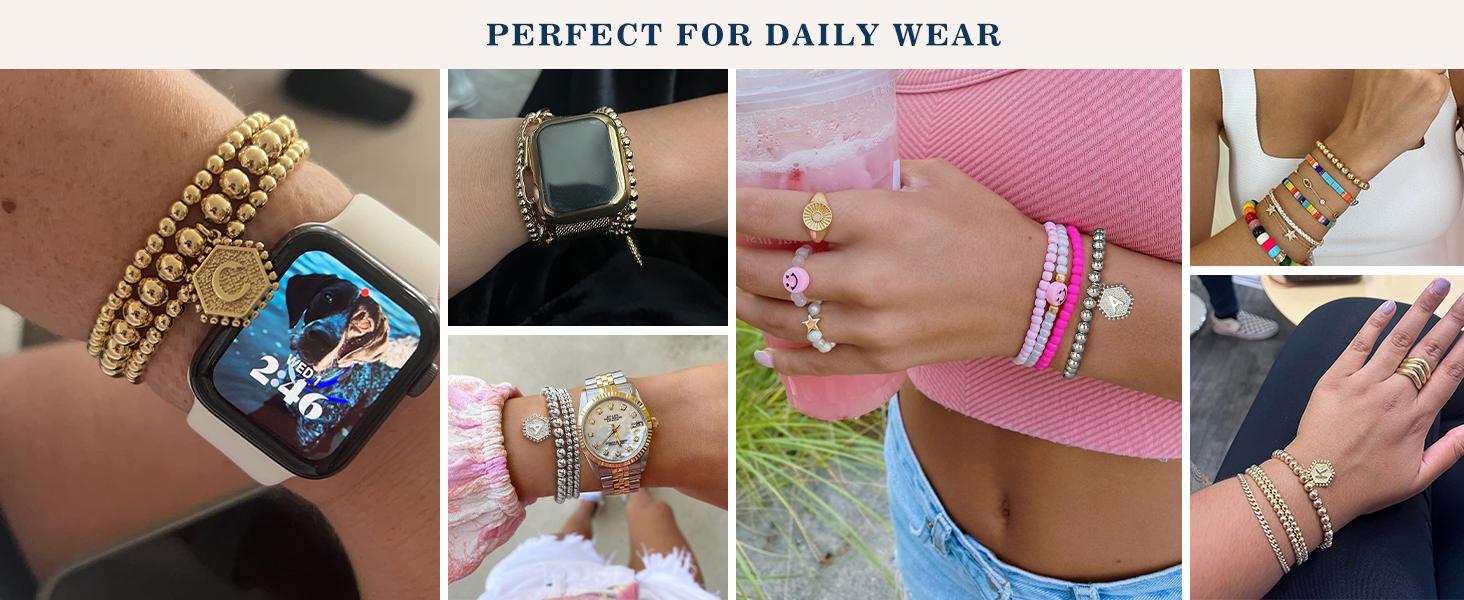 doubgood Gold Bracelets for Women, 14K Gold Plated Stackable Initial Beaded Bracelet with Letter Pendant Waterproof Stretch Trendy Stack Jewelry Set Gifts for Mom Mother's Day