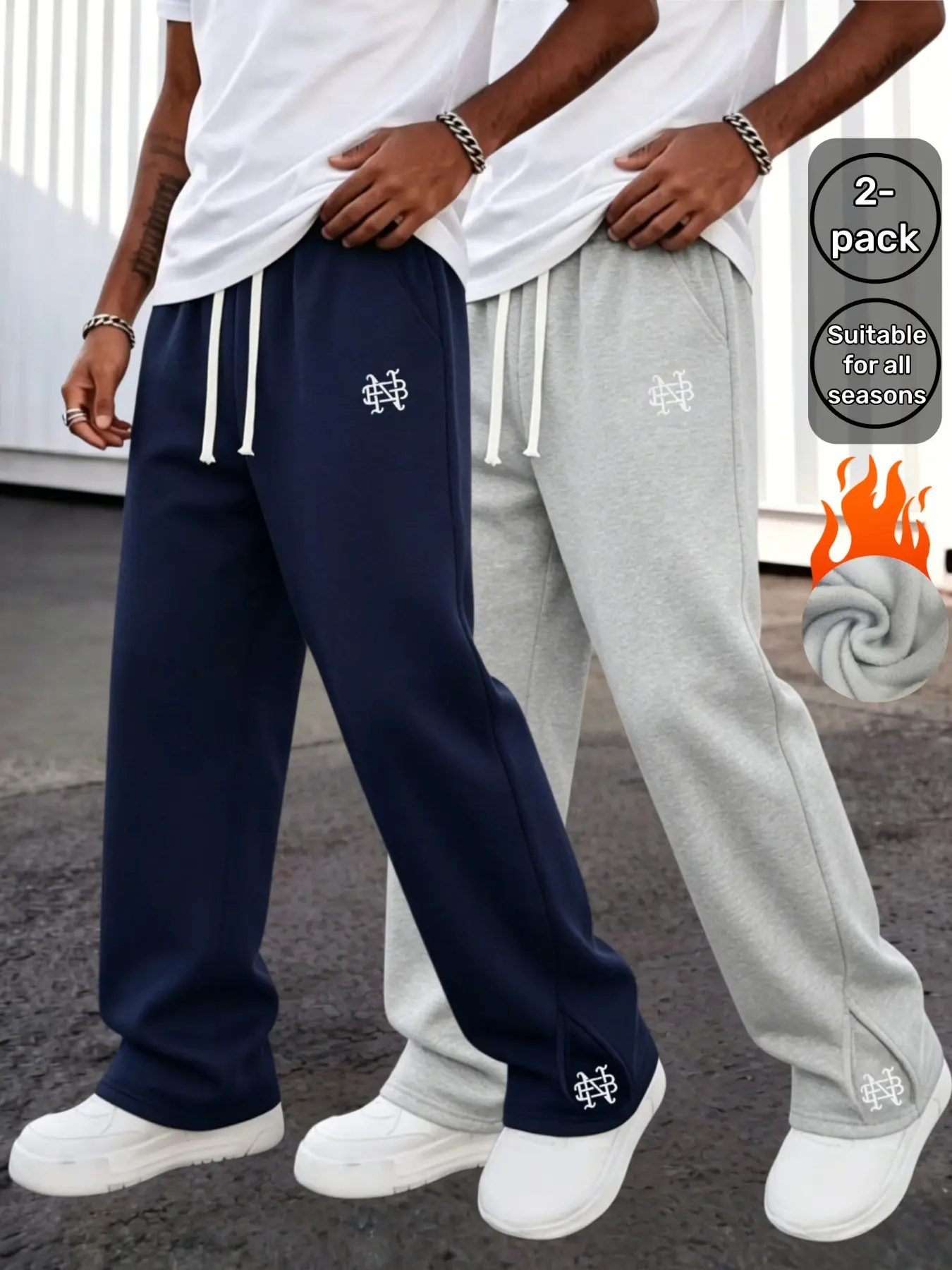 Men's Embroidered Drawstring Wide Leg Sweatpants, Fleece Lined Thick Fall Winter Streetwear, Casual Loose Fit Pants with Pockets