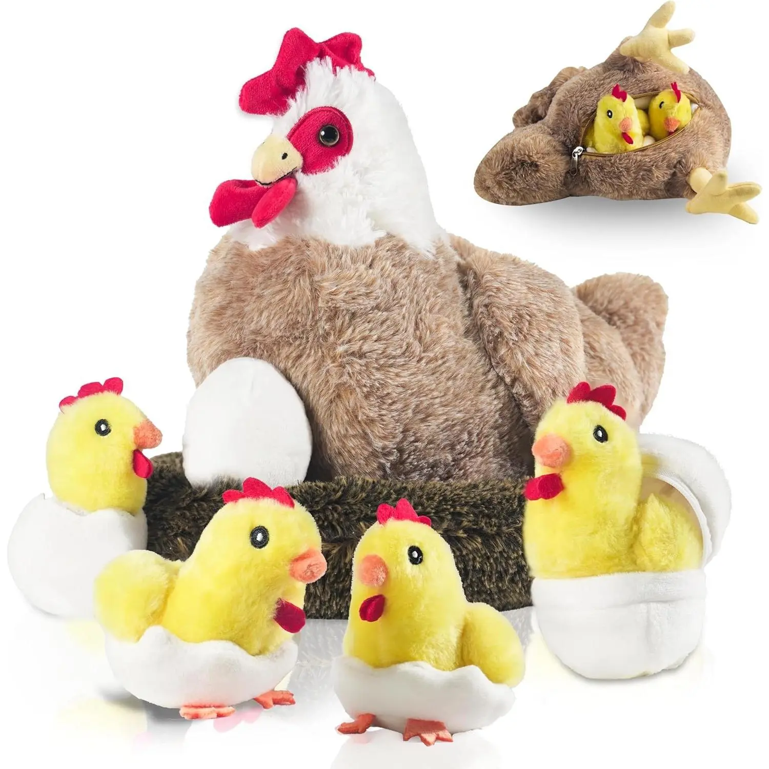 9 in 1 Chicken Stuffed Animal, Stuffed Chicken Toys for Kids Zippered Egg Laying Hen Chicken Plush with Baby Chicks, Eggs and Coop for Christmas Birthday Gifts Farm Party Decors