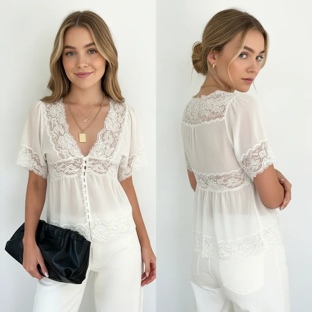 Women's Boho Lace Trim Blouse, V-Neck Puff Short Sleeve Sheer Chiffon Peplum Top with Button Down Detail for Casual & Going Out