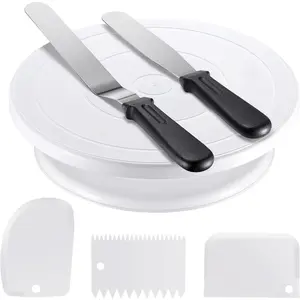 Cake Decorating Kit Baking Supplies Set Cake Turntable with 2 Frosting Straight Angled Spatula 3 Icing Smoother Scrapers Baking Accessories Tools for Beginners and Pros, Mother's Day, White
