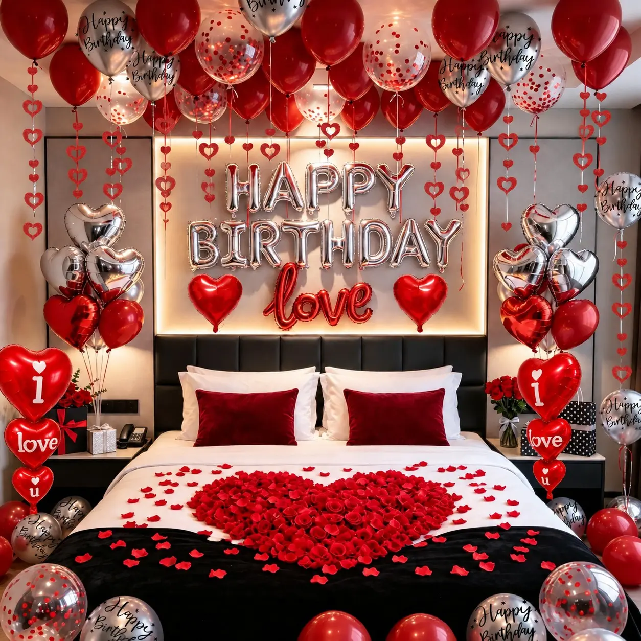 Red Silver Birthday Decorations for Men Women, Happy Birthday Balloons, Love & Heart Foil Balloons with Rose Petals, Romantic Bedroom Hotel Room Decor for Him Her, Anniversary Party Surprise