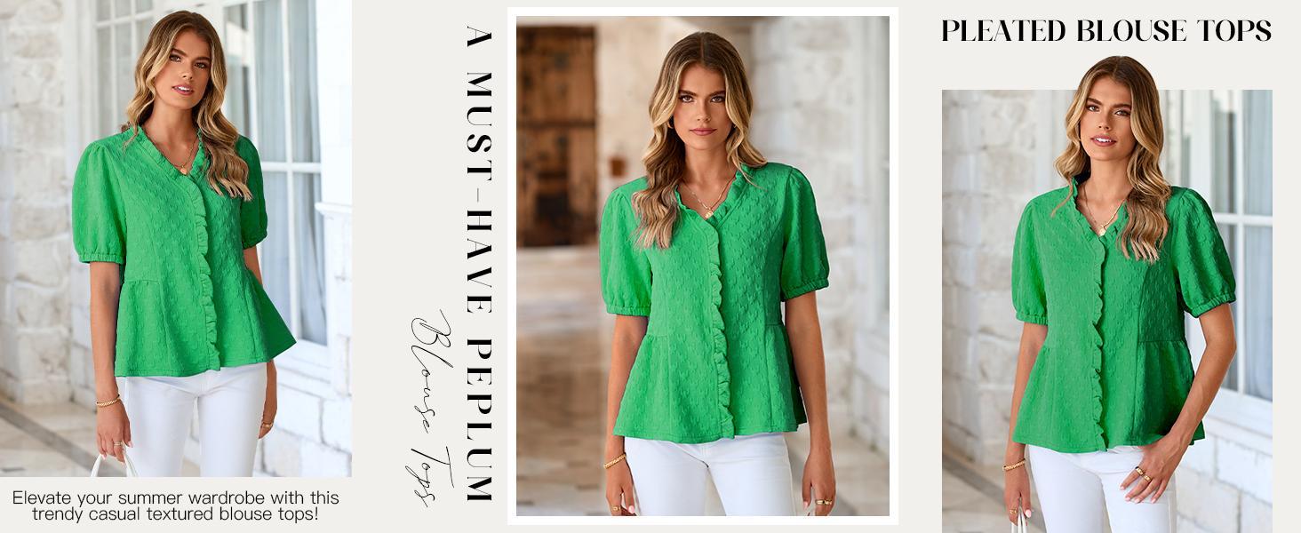 Fashare Womens Peplum Puff Sleeve Tops Dressy Casual Summer Textured Blouses V Neck Ruffle Pleated Shirts