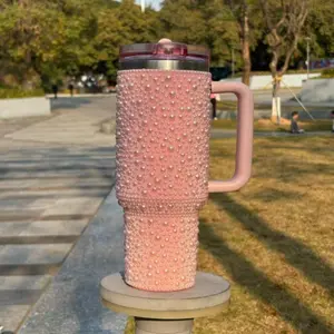 1PC, 40oz Double-Layer Stainless Steel Vacuum Car Cup, Full Body With Pearl Drill Decoration, With Handle Straw, Suitable For Home And Outdoor Use, Can Be Completed As A Gift To Family And Friends