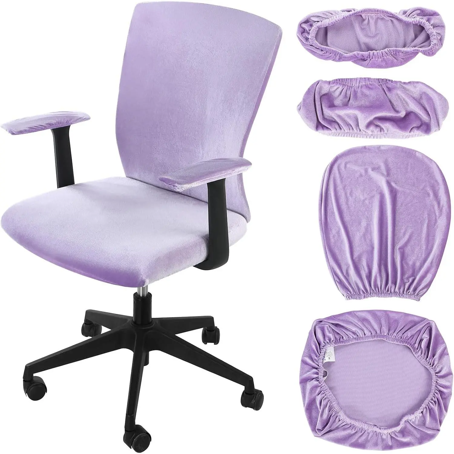4-Piece Office Chair Fabric Cover Set - Universal Stretchable Seat + Arms Protectors, Desk Chair Backrest & Cushion Slipcovers for Office Use (Purple), Four Pieces