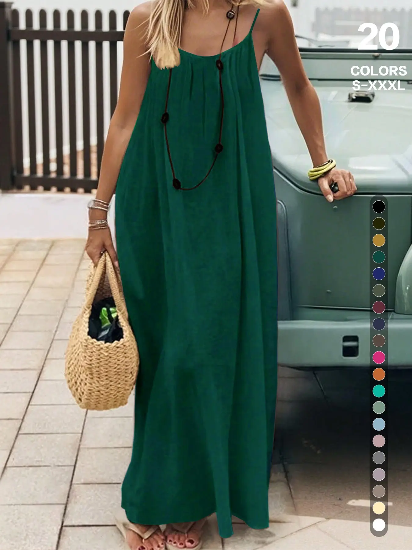 Open-Back Drawstring Camisole Maxi Dress, Cami Sleeveless Dress, Loose Flowy Chic Summer Vacation Style, Plus Size Friendly, 20 Colors, Sizes S-Xxxl, Beach & Casual Wear