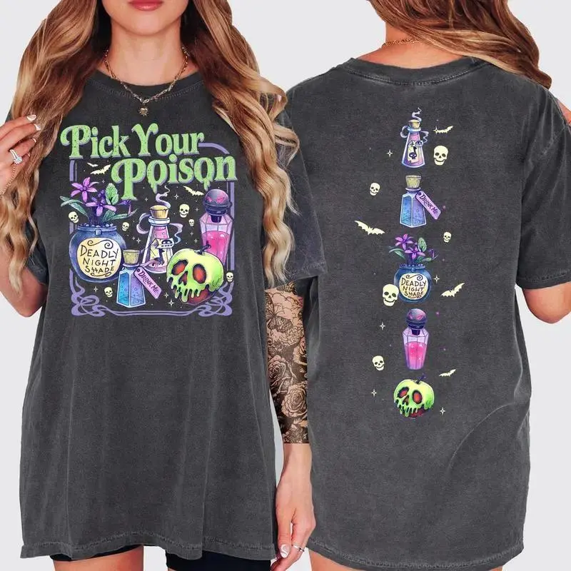 Women's Vintage Acid Washed Cotton Graphic Print Short Sleeve Double-Sided Skull Theme Spooky Potion Pick Your Poison Halloween Retro Casual T-Shirts, Regular Fit
