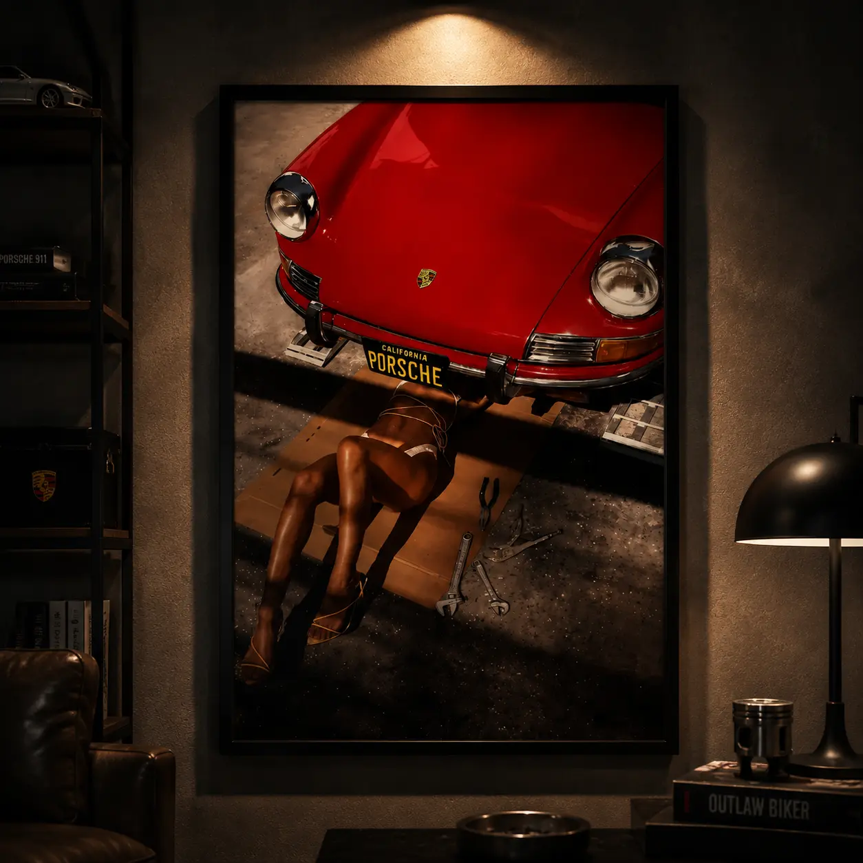 Vintage Red Porsche 911 Woman Mechanic Canvas Art Print, Retro California Car Culture Wall Art, Classic Sports Car Artwork, Artistic Vintage Poster Decor, Living Room Garage Decoration, Automotive Inspired Home Wall Print